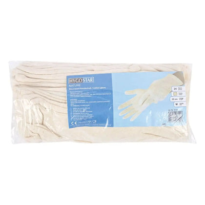 Ein paket mit 24 hygo star nature weißen baumwollhandschuhen größe m 25 cm lang