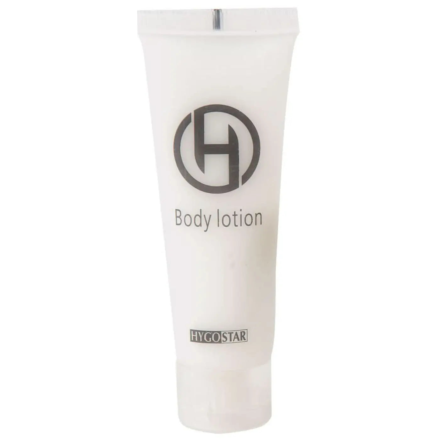 Weiße plastikbodylotiontube 30ml mit silberverschluß und schwarzem hygostar logo im 50 stück pack
