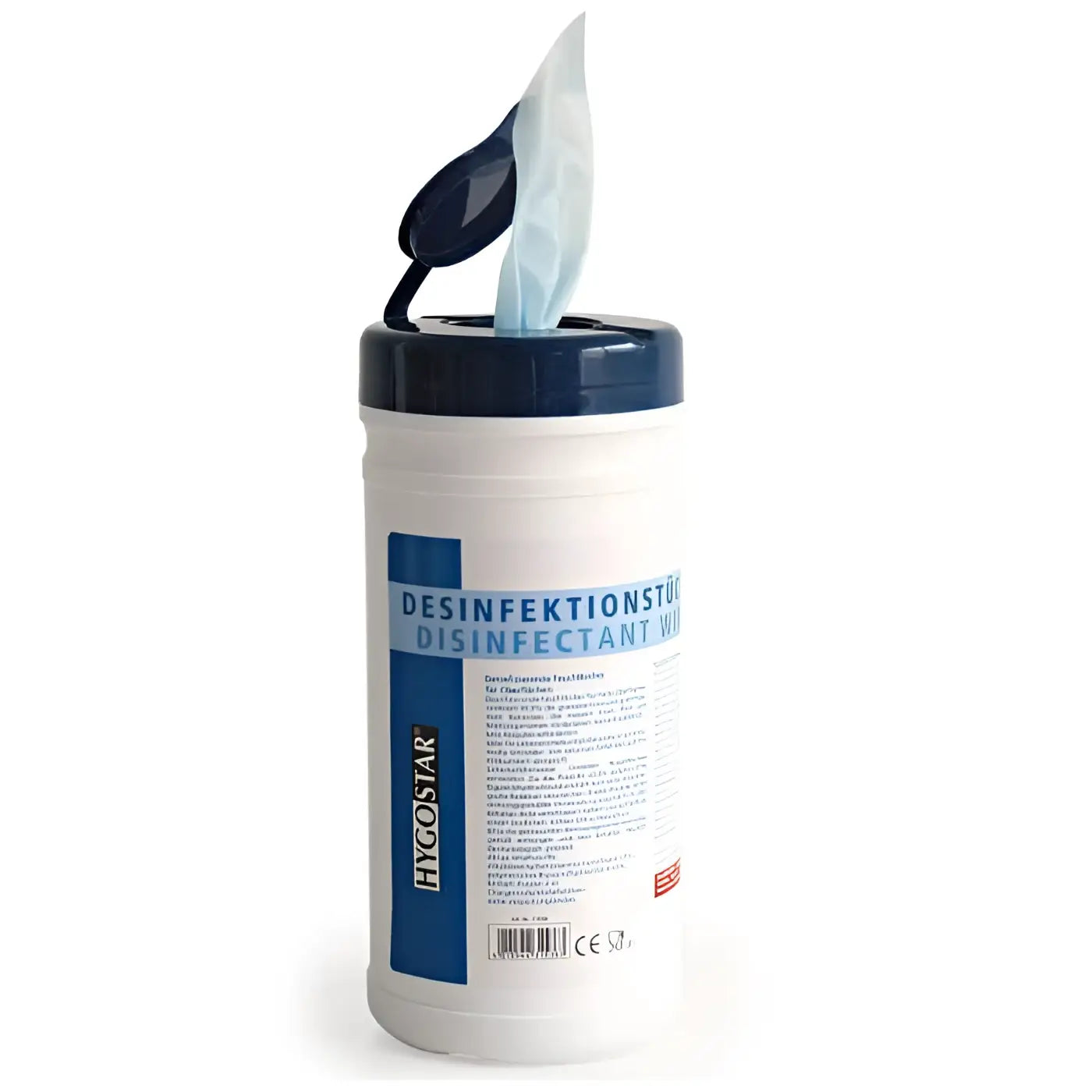 Weißer zylindrischer behälter mit navyblauem deckel und etikett, hygostar desinfektionstuch box mit ausgezogenem hellblauen tuch