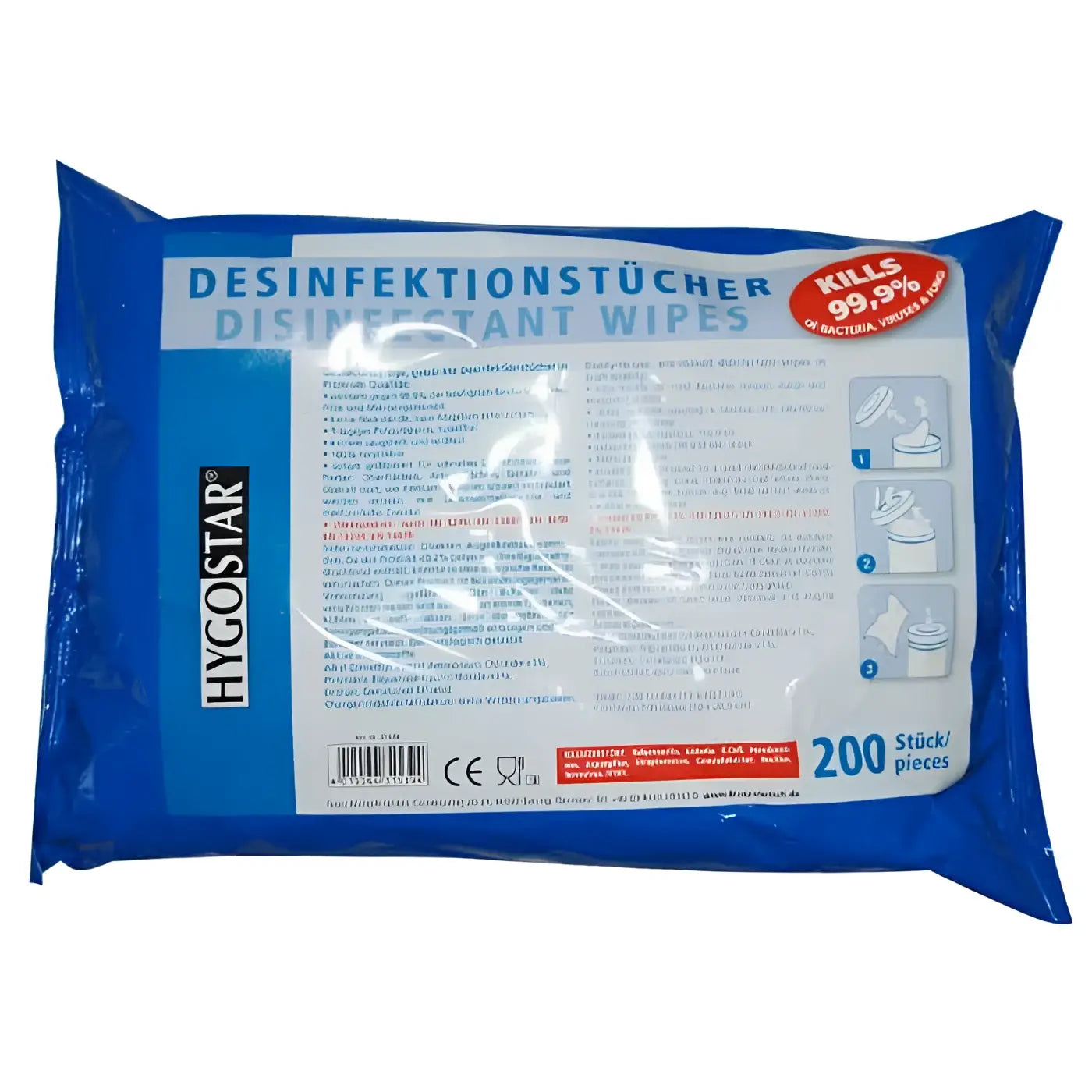 Blaues hygostar desinfektionstuch nachfüllbeutel mit 200 stück und der angabe tötet 99,9% der bakterien
