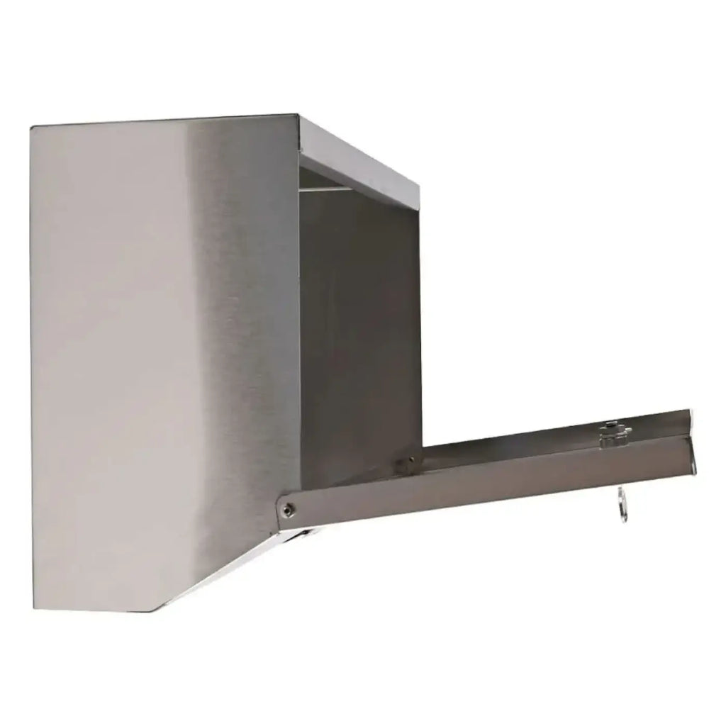 Stainless steel wall-mounted tool box with hinged lid and keyhole for secure storage in hygienic environments