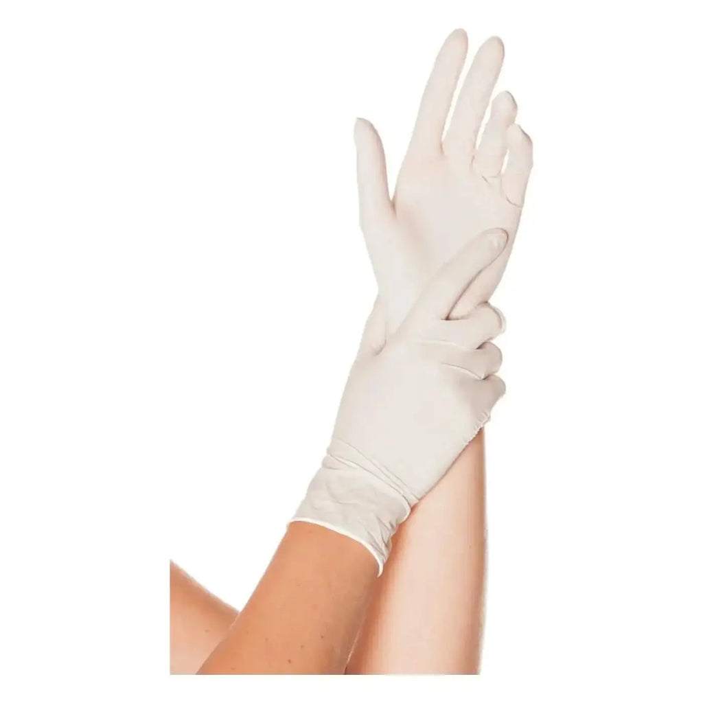 Eine paar weiße hygostar latex-handschuhe sense aus latex mit glatter oberfläche und leicht zulaufenden fingern