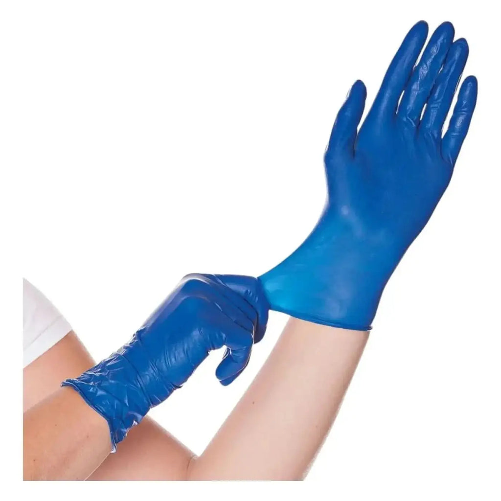 Hygostar blau puderfreie latexhandschuhe aus latex werden an den händen getragen