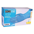 A box of hygo star soft blue latex gloves powder-free medium-sized 100 pieces shown from the back side