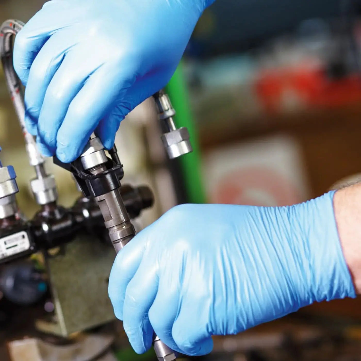 Blau nitril handschuhe von hygostar greifen metallischen kraftstoffinjektor mit schwarzen kunststoffteilen