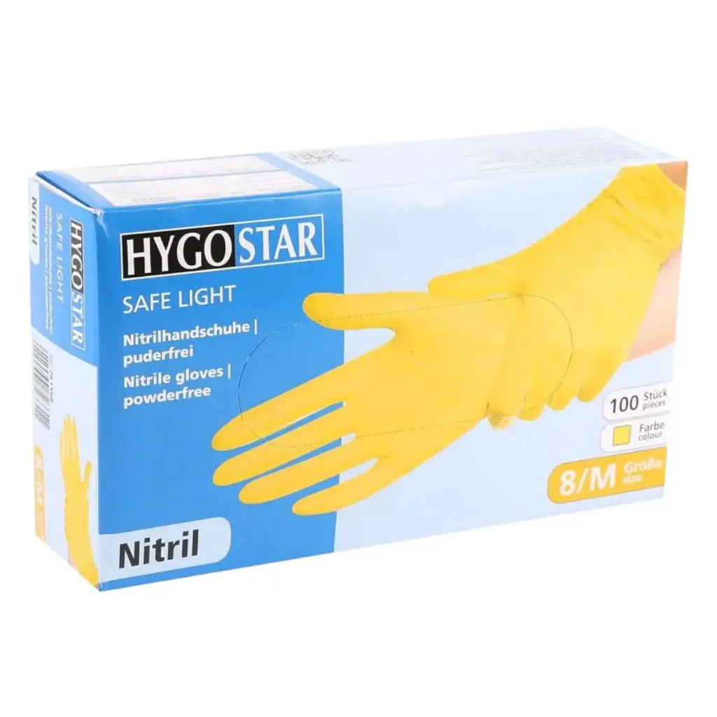 Hygostar safe light gelbe nitril-handshuhe in einer blauen und weißen hygo star box mit 100 stück