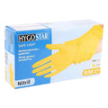 Hygostar safe light gelbe nitril-handshuhe in einer blauen und weißen hygo star box mit 100 stück