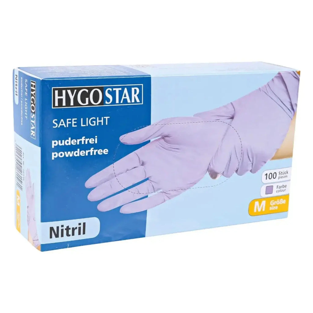 Eine packung hygo star safe light puderfreie nitrilhandschuhe in lila, größe m, 100 stück
