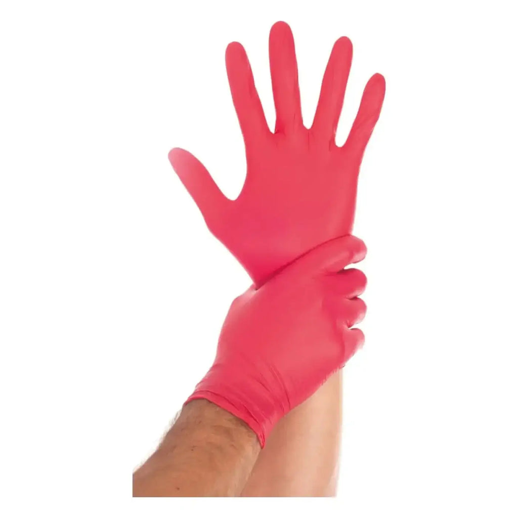 Hygostar safe light nitril-handschuhe rot 100 stück mit leuchtend pinken latexhandschuhen an der hand
