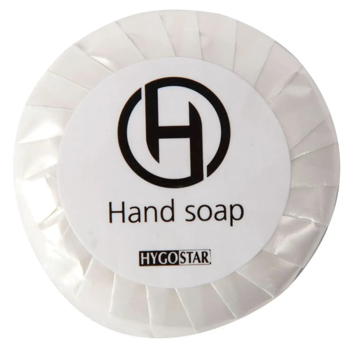 Weißes rundes stück handseife hygostar seifen-stück rund 50 stück in glänzendem, plissee-papier mit schwarzem logo