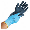Blue und schwarze torus kälteschutzhandschuhe mit gelbem bund und winter latex-beschichtung, rückseite zu sehen