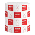 Weiße handtuchrolle katrin system 2-lagig mit roten markenetiketten und produktinformationen in 6 rollenpackung