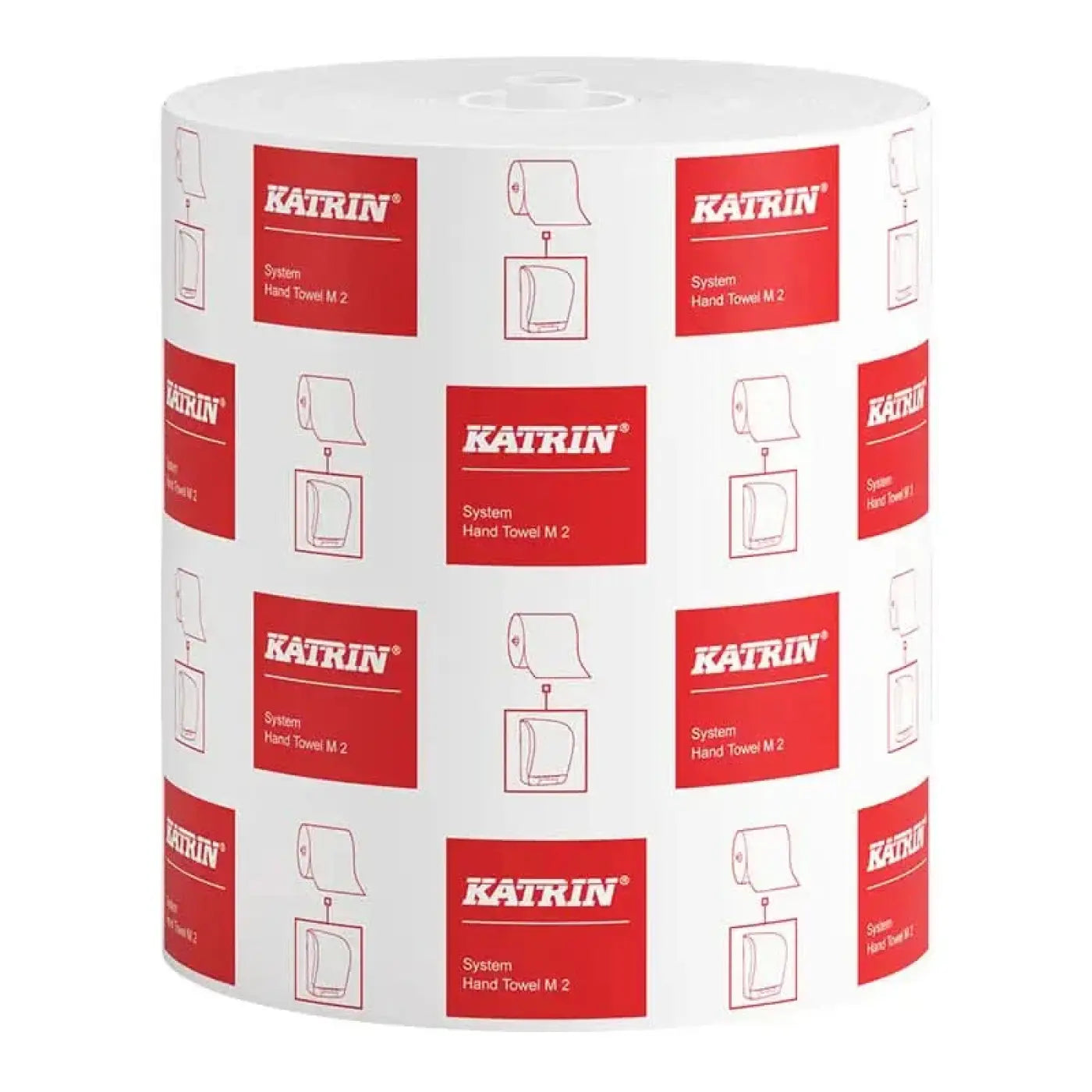Weiße handtuchrolle katrin system 2-lagig mit roten markenetiketten und produktinformationen in 6 rollenpackung