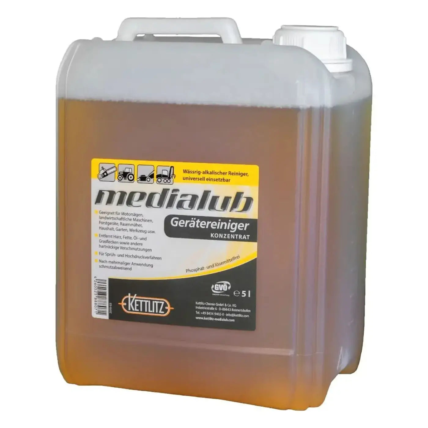 Ein durchsichtiger weißer kunststoffkanister mit bernsteinfarbener flüssigkeit kettlitz medialub gerätereiniger konzentrat