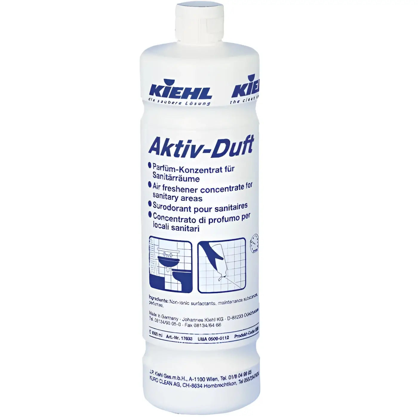 Weiße plastikflasche von kiehl aktiv-duft air freshener konzentrat für sanitäre bereiche 1l