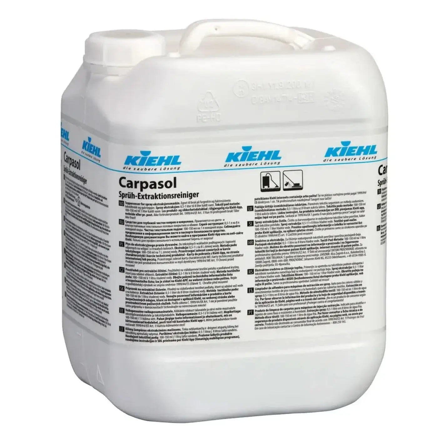 Weißer kunststoffkanister mit blauer und schwarzer etikettierung von kiehl carpasol teppichreiniger 10l zur sprühextraktion