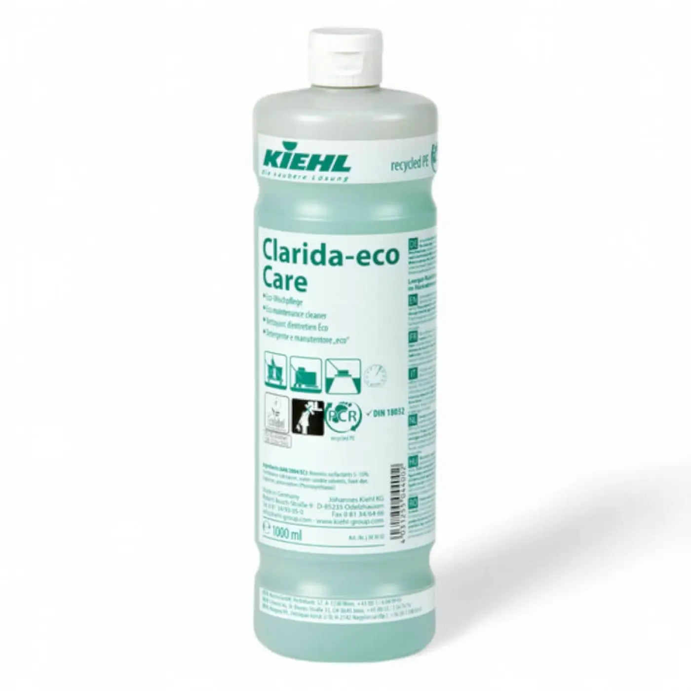 Eine transluzente hellgrüne plastikflasche mit weißem deckel, kiehl clarida-eco care öko-wischpflege 1000 ml