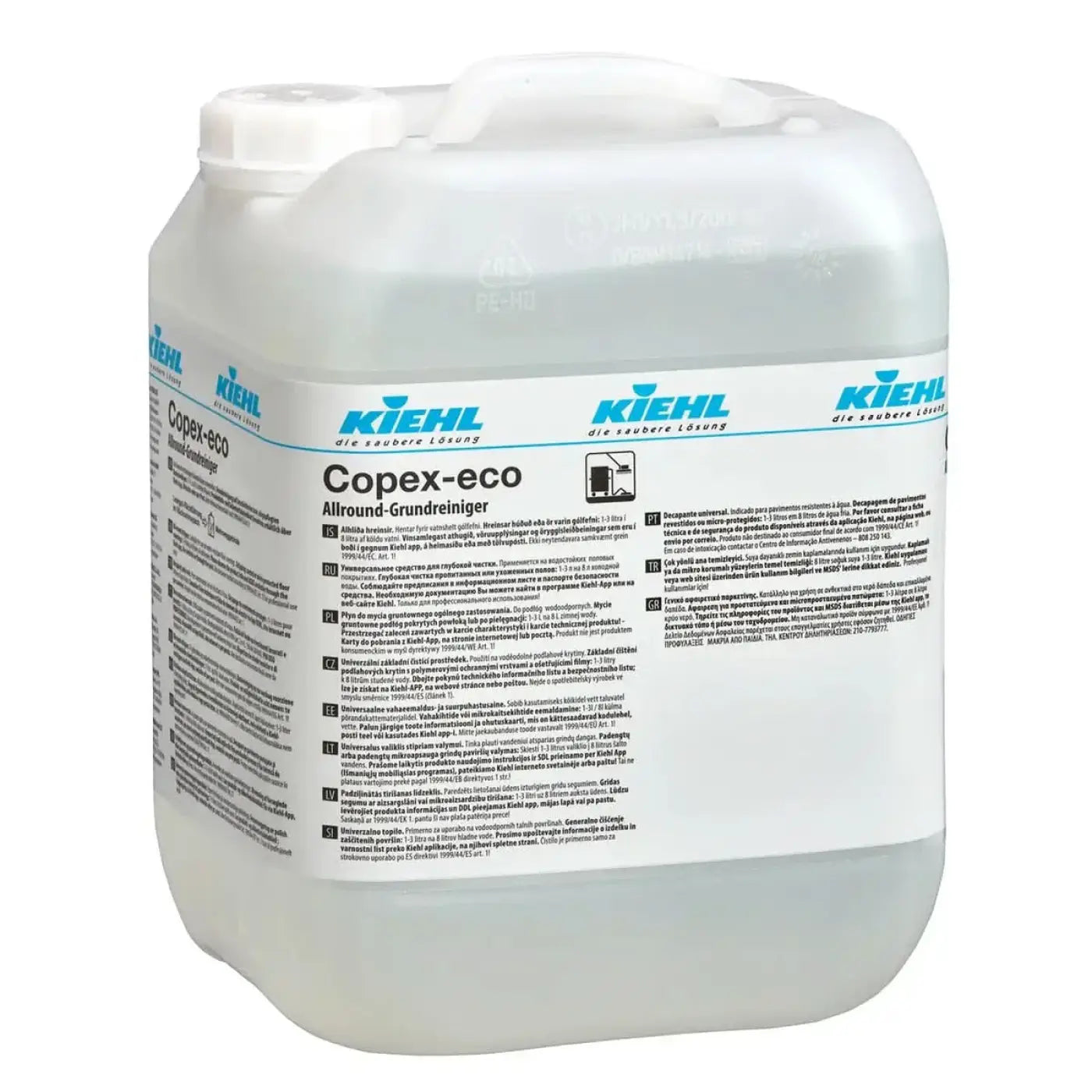 Weißer kunststoffkanister mit weißem schraubverschluss, gekennzeichnet mit kiehl copex-eco allround grundreiniger 10l
