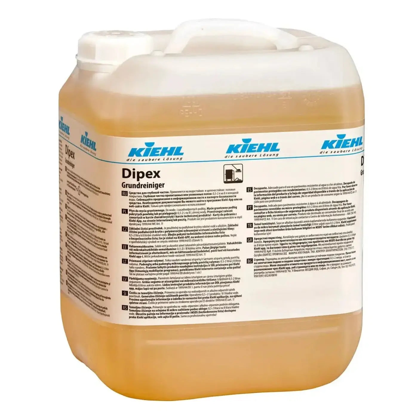 Ein beiger kunststoffkanister mit weißem schraubverschluss, gekennzeichnet als kiehl dipex grundreiniger 10l