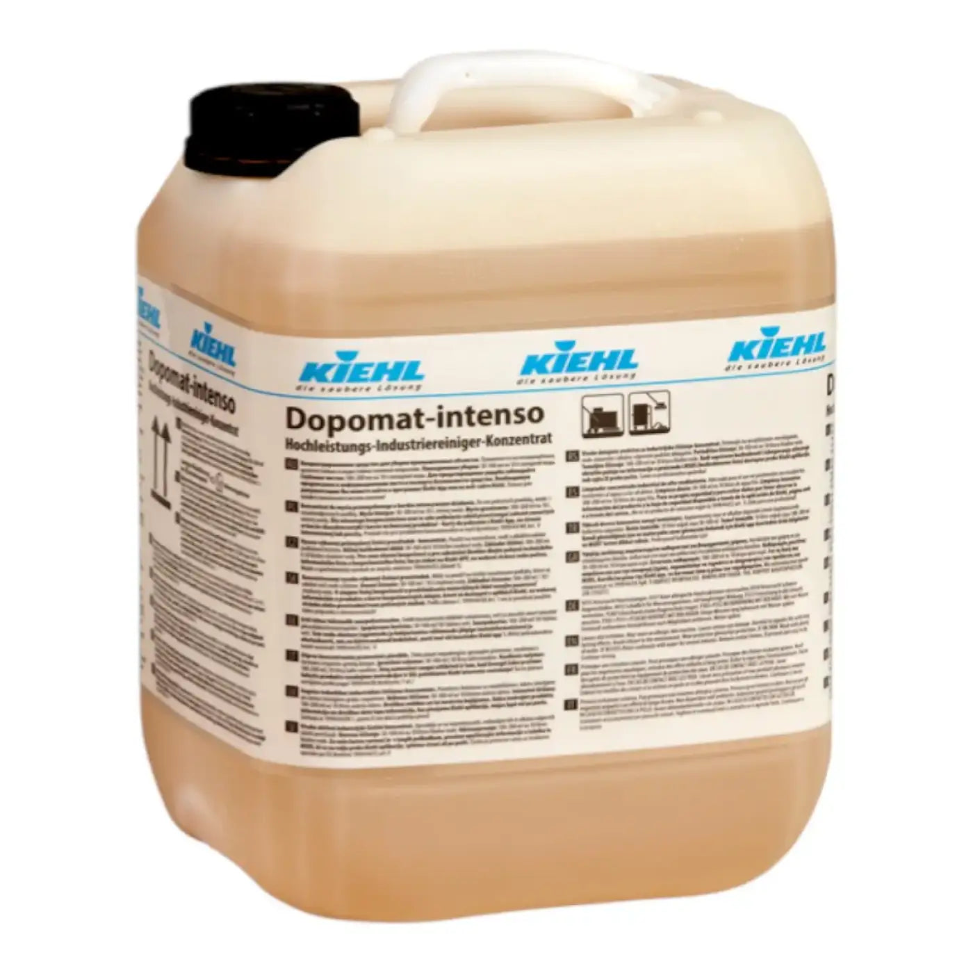 Beige plastikkanister mit schwarzem deckel und griff, kiehl dopomat-intenso hochalkalischer industriereiniger 10l konzentrat