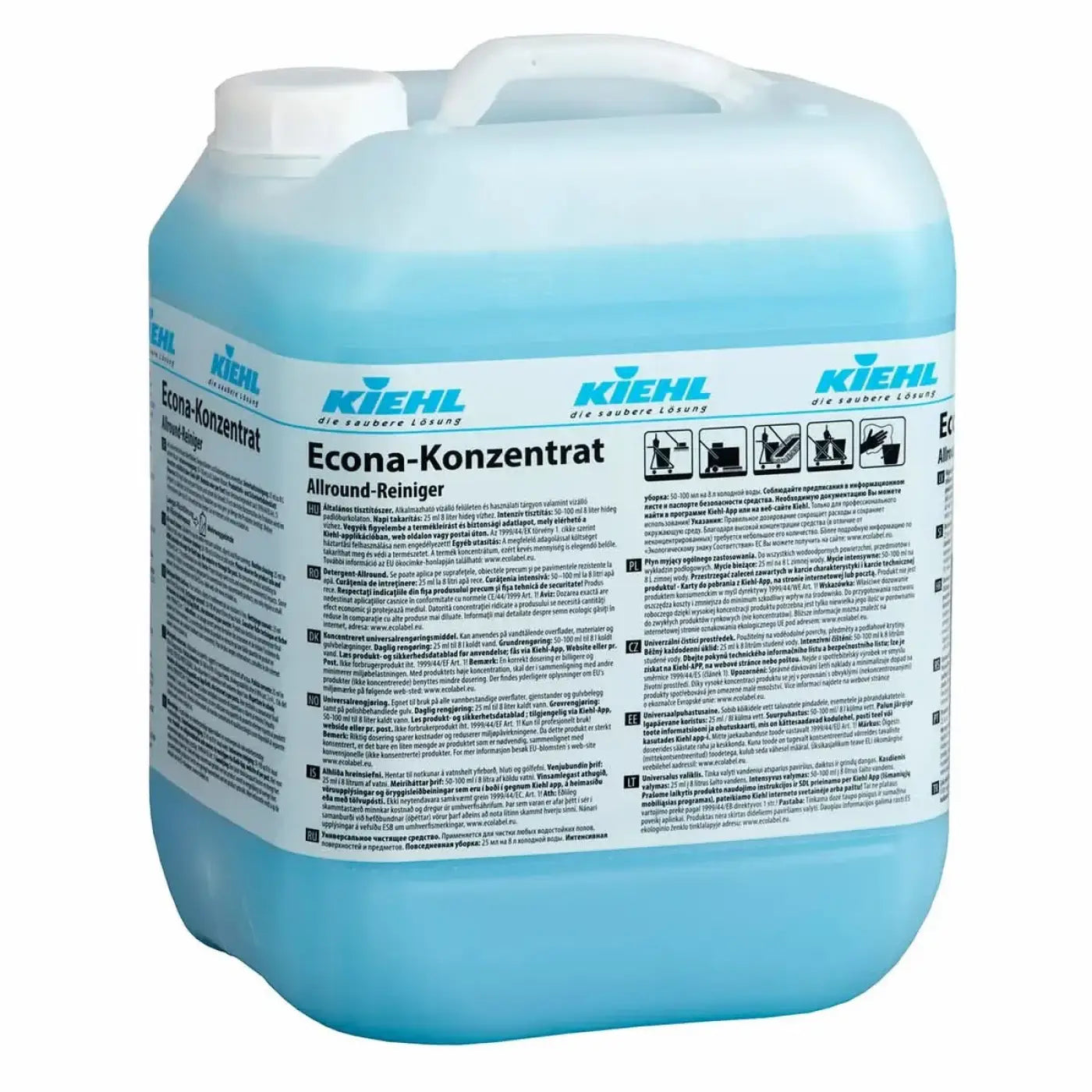 Lichtblauer plastikkanister mit weißem verschluss und kiehl’s econa-konzentrat allzweckreiniger 10l etikett