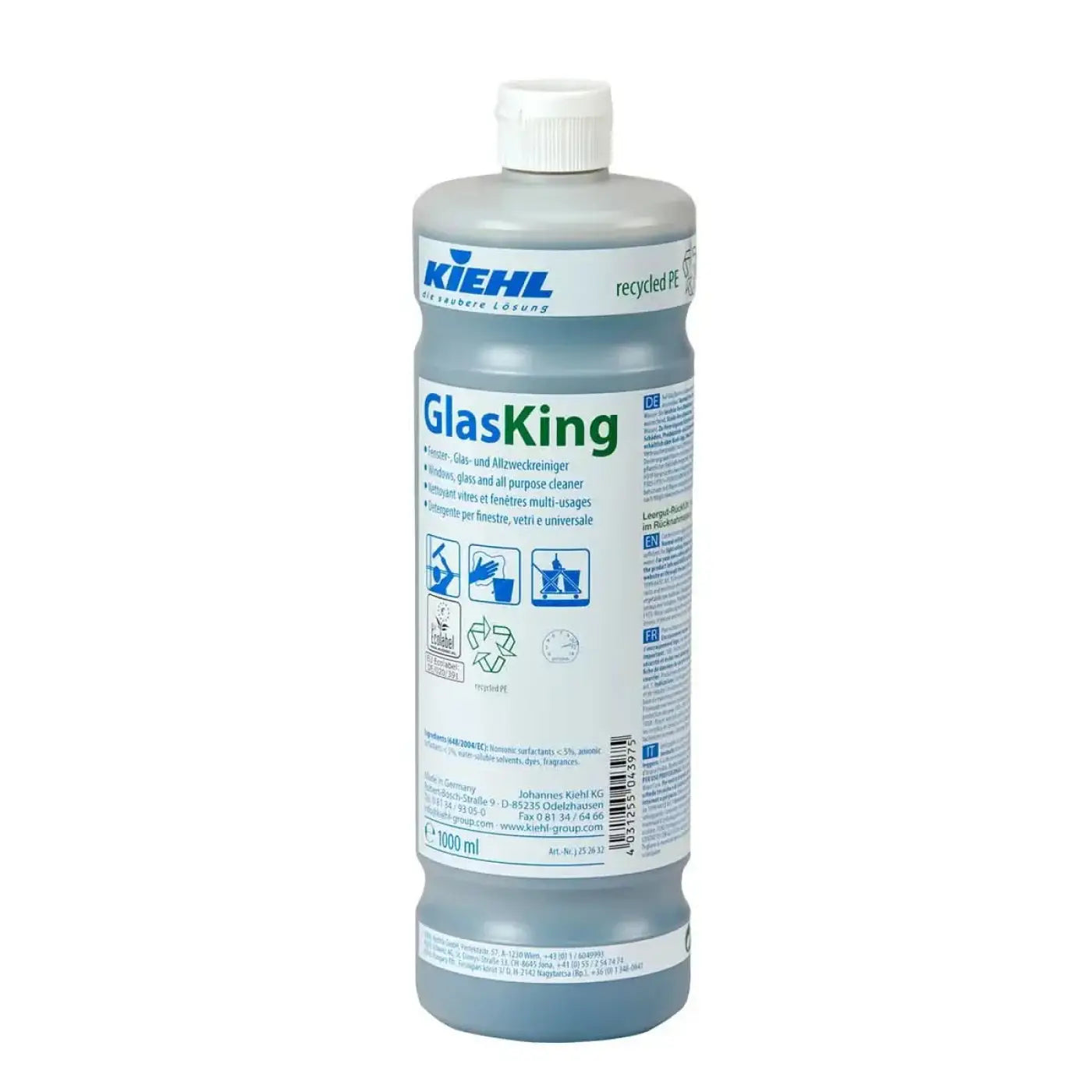 Eine durchscheinend graue plastikflasche mit weißem schraubverschluss und kiehl glasking etikett als glas- und allzweckreiniger