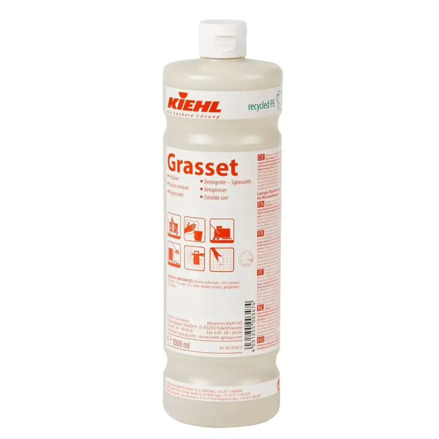 Eine durchscheinende beige kunststoffflasche mit weißem deckel und rotem kiehl etikett für grasset küchenreiniger und fettlöser 1l