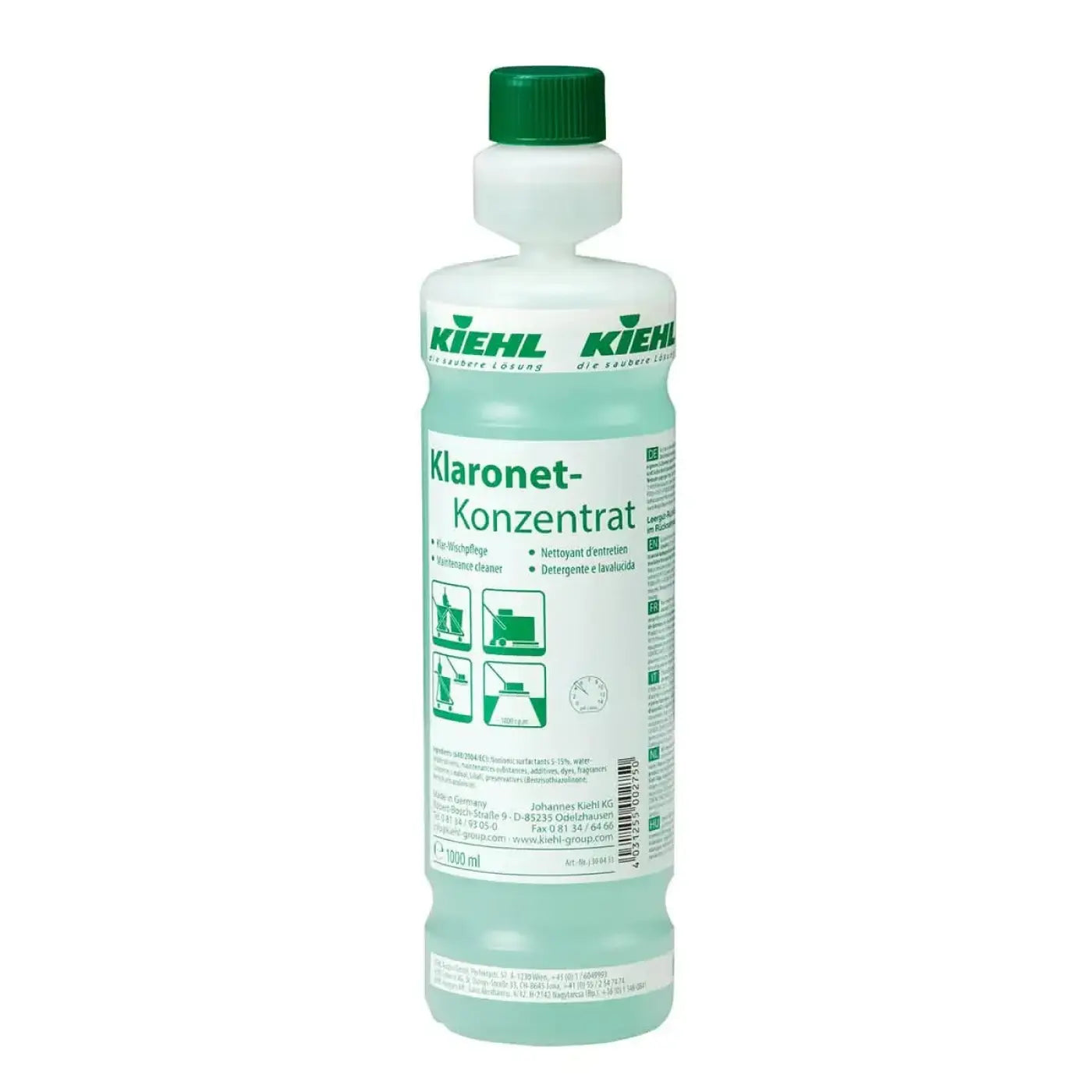 Eine durchscheinende hellgrüne kunststoffflasche mit grünem schraubverschluss und kiehl’s klaronet-konzentrat etikett