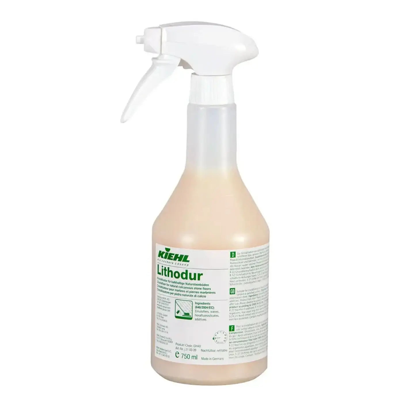 Eine klare plastik-sprühflasche mit weißer düse und pfirsichfarbener flüssigkeit labeled kiehl’s lithodur zur steinreinigung