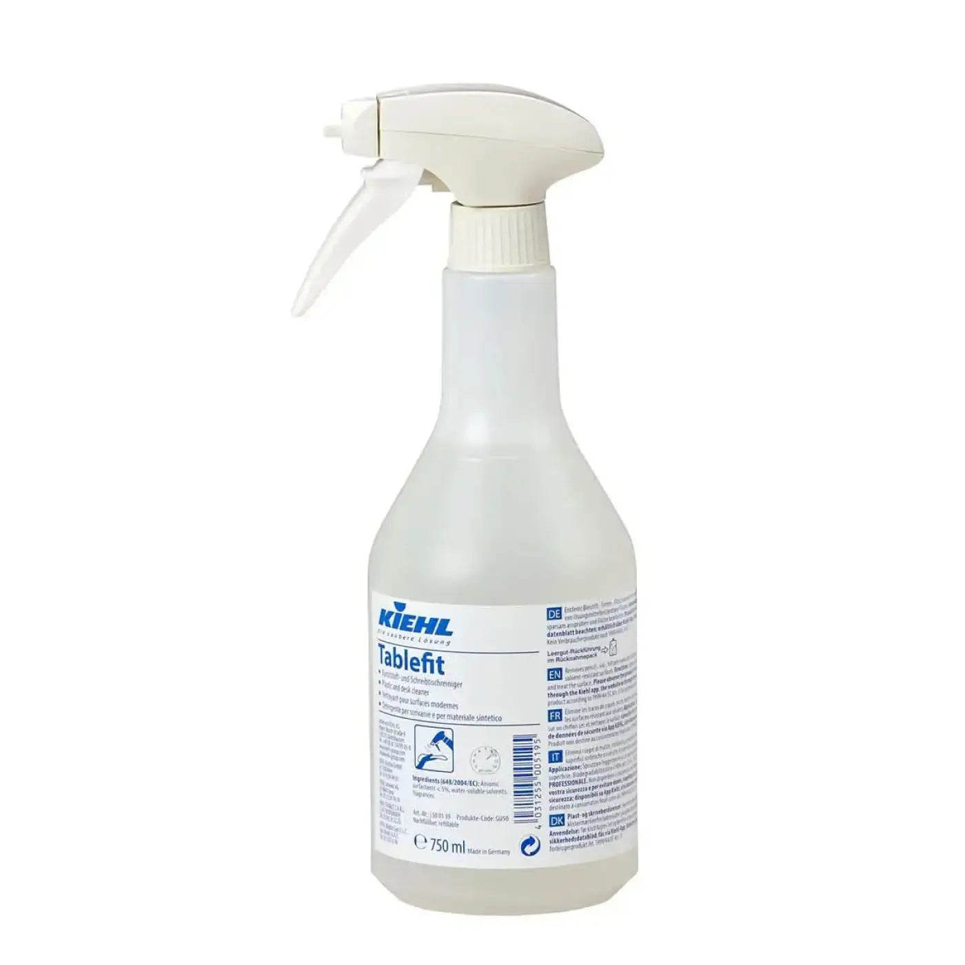 Klarer kunststoff sprühflasche mit weißer düse von kiehl tablefit für multioberflächenreinigung 750ml