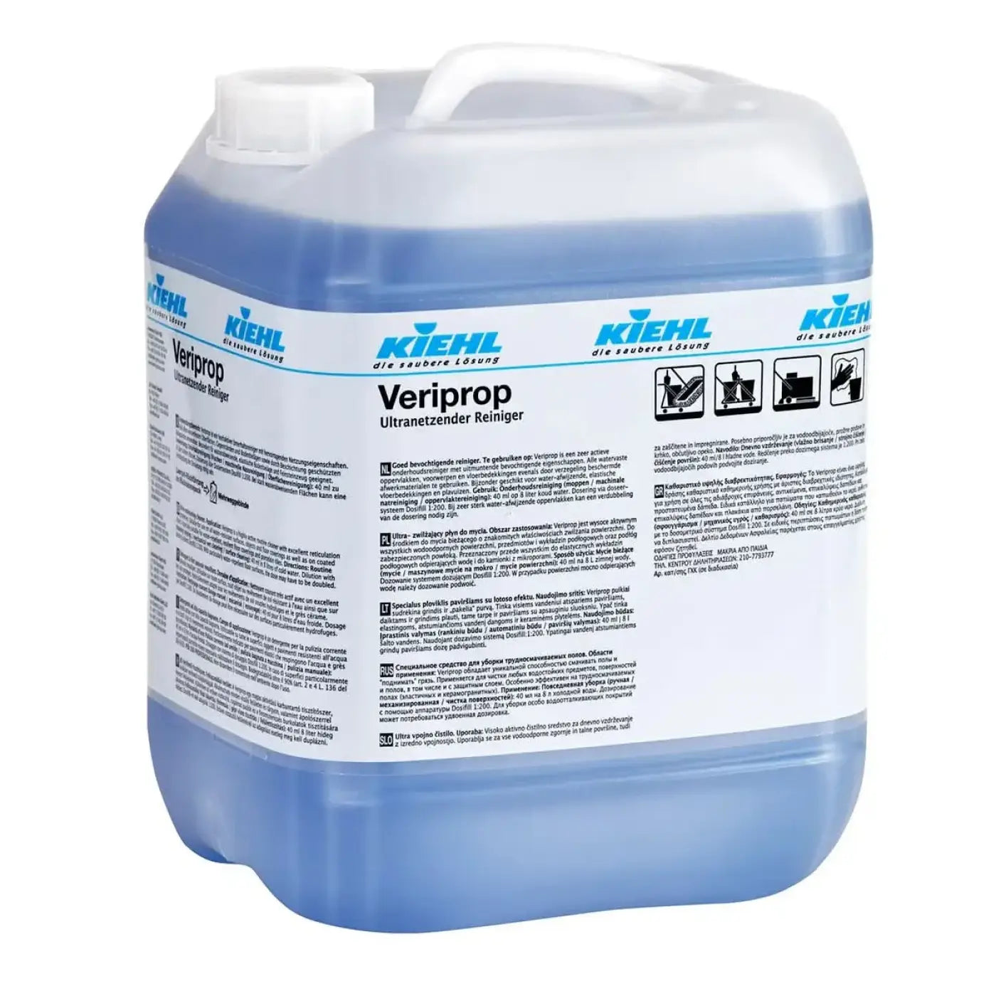 Blauer kunststoffkanister mit kiehl veriprop ultranetzender unterhaltsreiniger 10l reinigungslösung