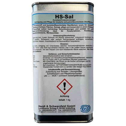 Ein zylindrisches metallkanister mit silbernem körper und blauem etikett für intensiv-kunststoffreiniger für oxidierte oberflächen