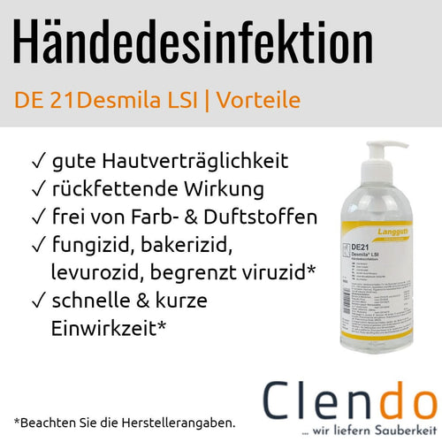 Klare plastikflasche mit weißem pumpenspender und gelbem etikett langguth de21 desmila lsi händedesinfektion 500ml
