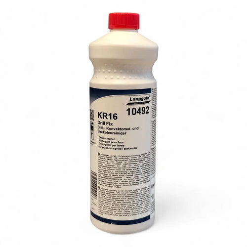 Weiße plastikflasche mit rotem deckel und blauem etikett langguth kr16 10492 grill fix grillreiniger 1l