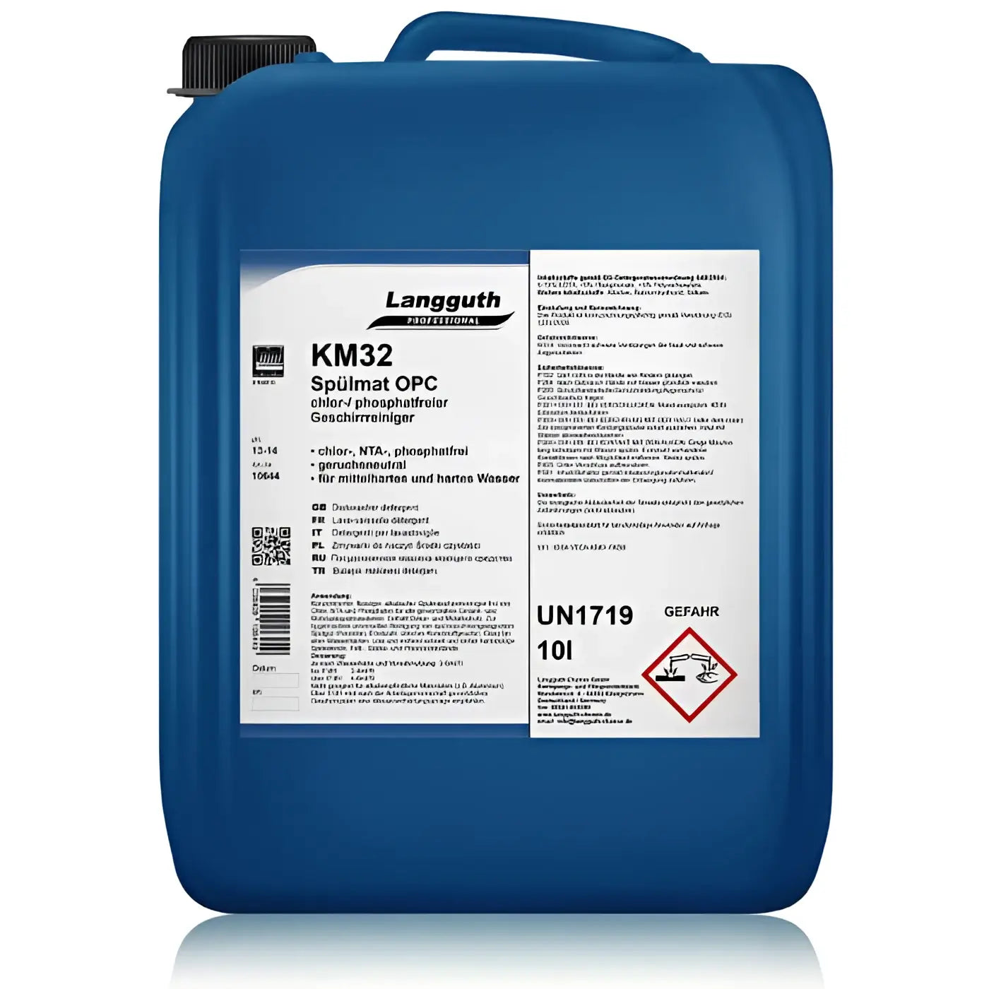 Blauer kunststoffbehälter langguth spülmat opc km32 chlor-phosphatfreier professioneller geschirrreiniger mit schwarzem deckel