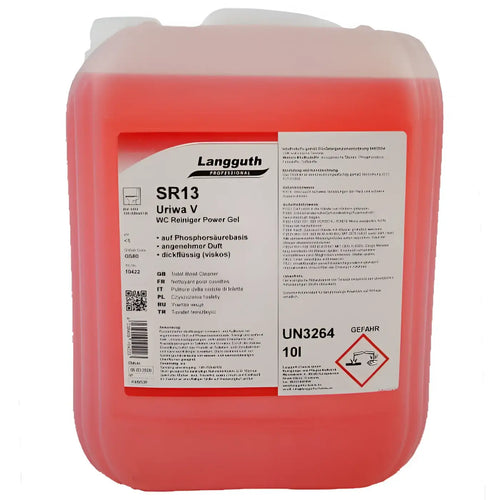 Roter transparenter kunststoffkanister mit weißem etikett und schwarzem text der marke langguth professional für wc-reiniger gel