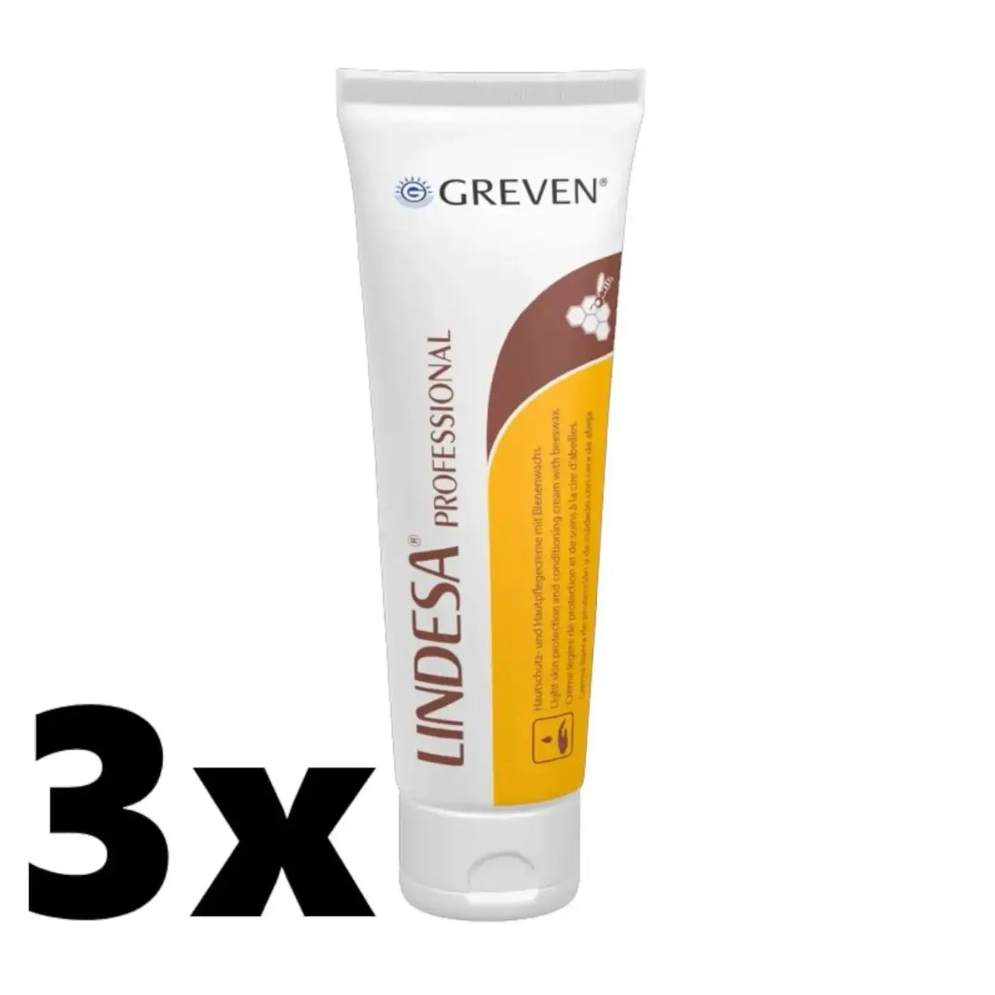 Weiße tube lindesa professional handcreme mit braunem und gelbem label und greven markenlogo 3 x 100 ml