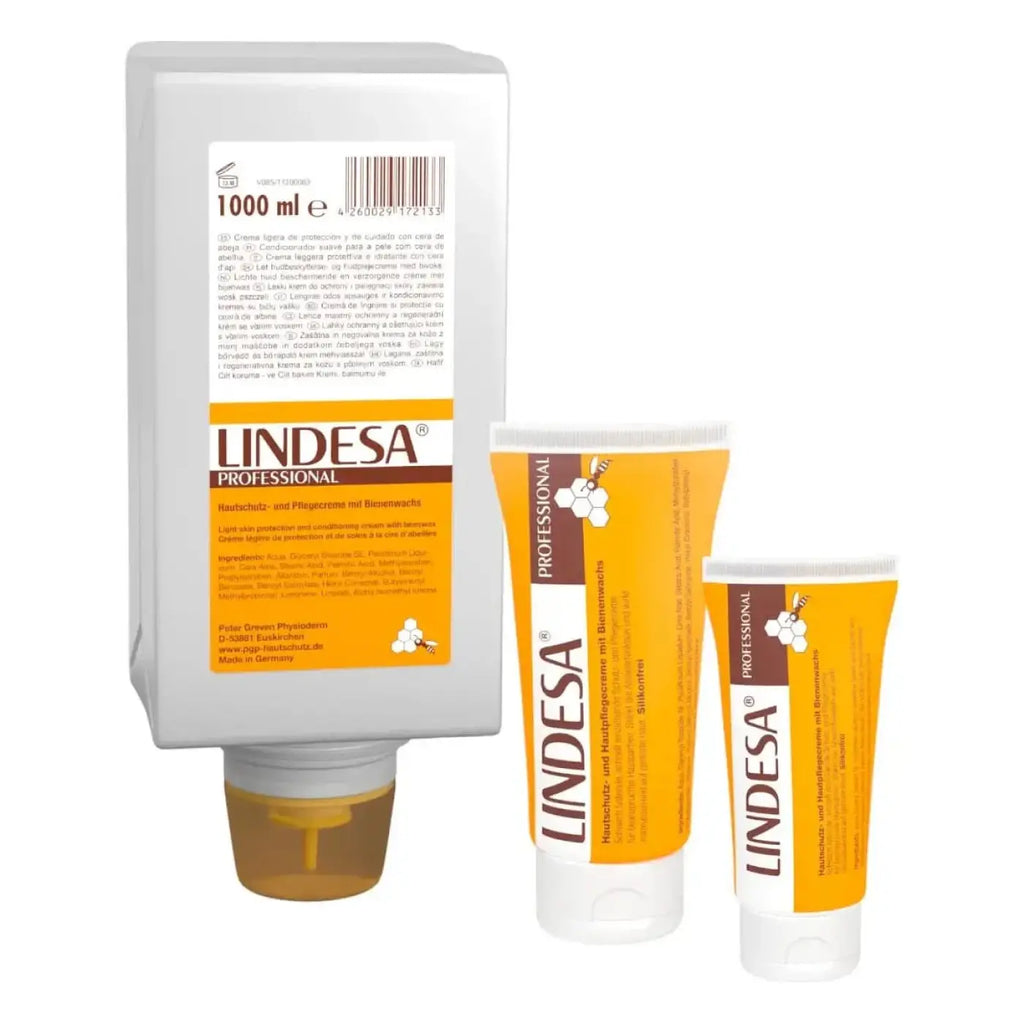 Lindesa professional hautpflege und hautschutz hand und körperlotion in orange weißen tiegeln mit honigwabenmuster