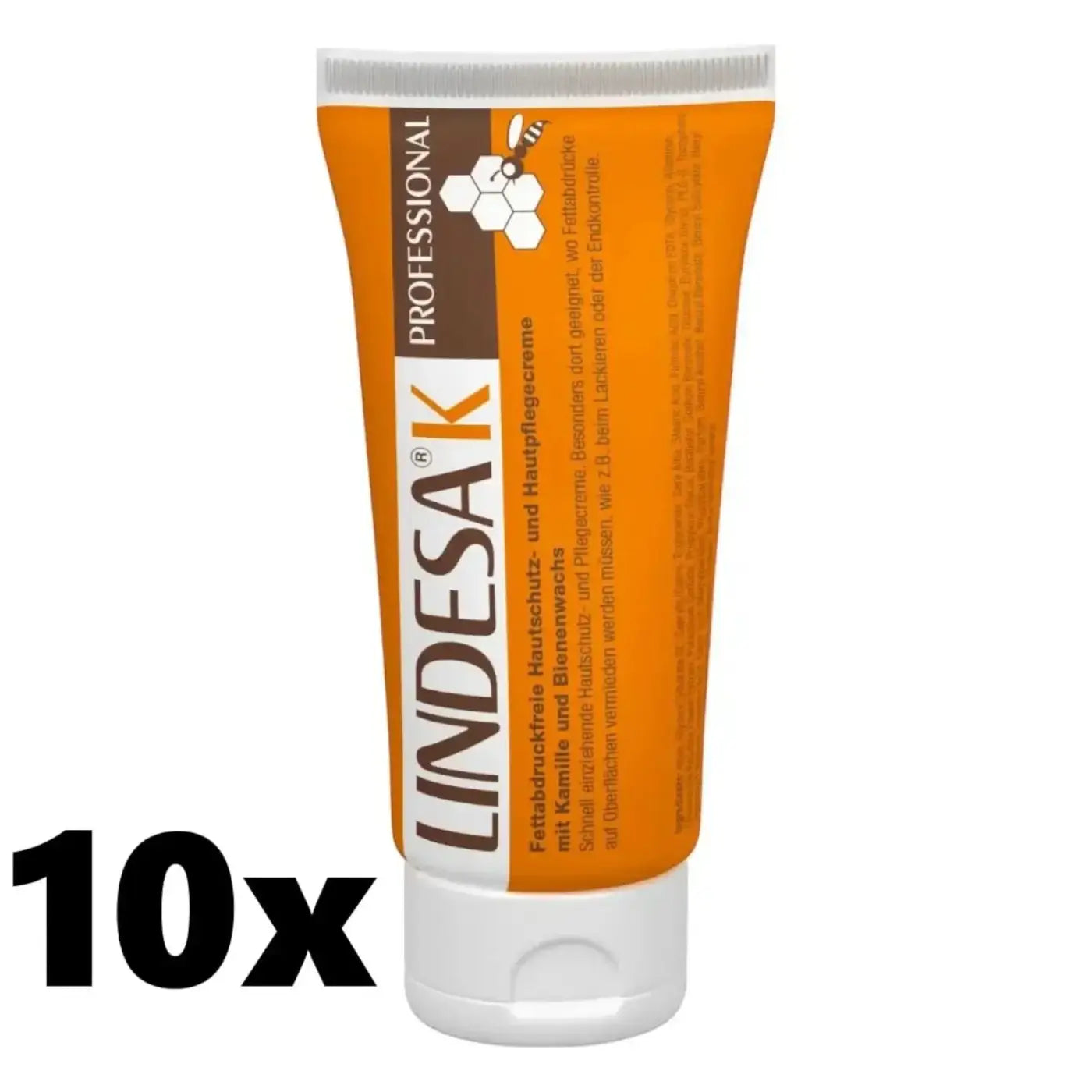Orange-weiße tube lindesa professional hautschutzcreme mit bienenlogo für hand- und hautschutz 100 ml
