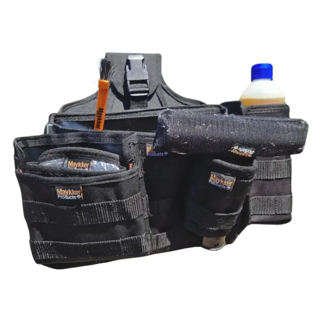 Schwarzer maykker smart bag low-rider kleiner werkzeuggürtel mit mehreren fächern und verstellbaren trägern