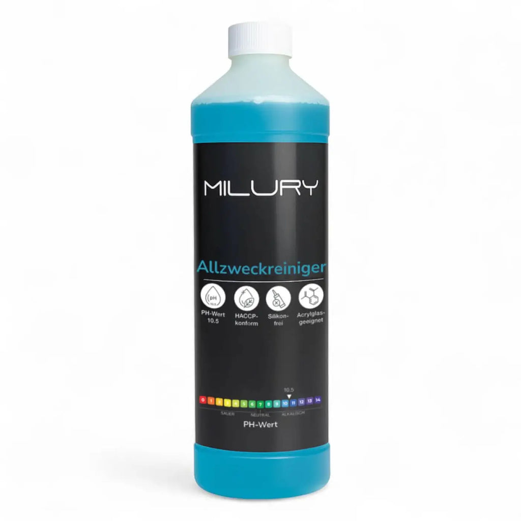 Eine durchscheinende türkisfarbene flasche mit weißem deckel und schwarzem label enthält milury allzweckreiniger konzentrat 1 liter