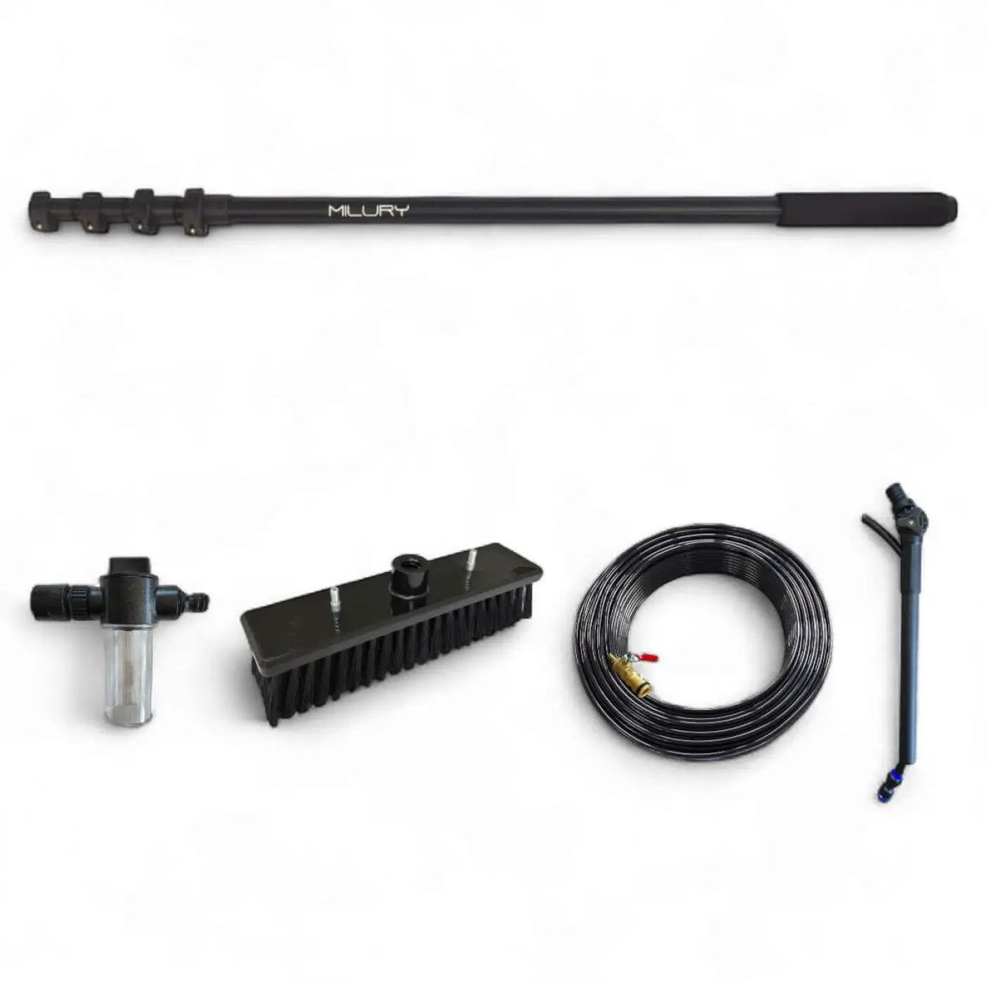 Schwarze aluminium profi-teleskopstange von milury mit verlängerbarem druckwaschstab und milury markierung