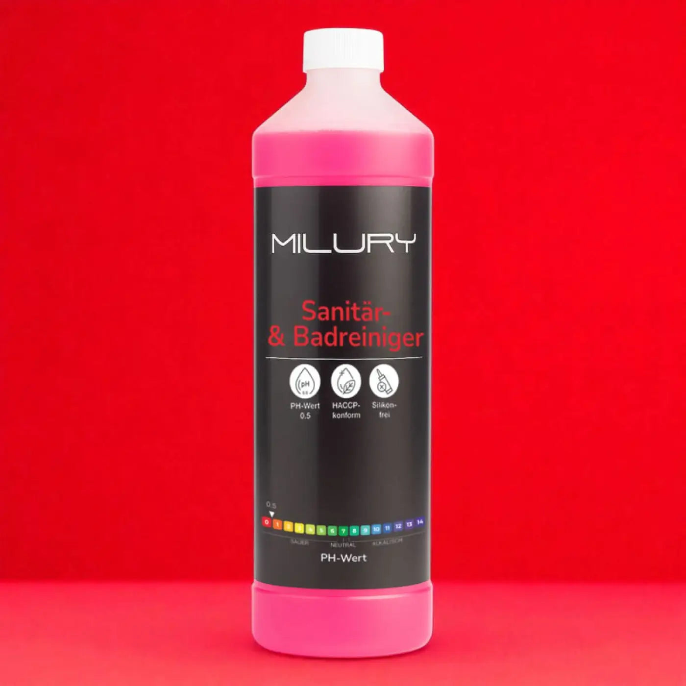 Rosa flüssiges milury sanitär und badreiniger konzentrat in durchsichtiger flasche mit weißem verschluss und schwarzem etikett