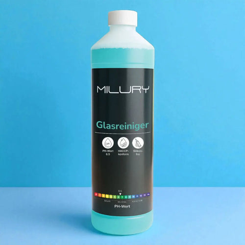 Milury glasreiniger konzentrat 1 liter in durchsichtiger flasche mit teal farbiger flüssigkeit und weißem verschluss