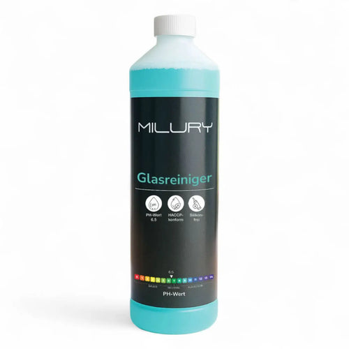 Milury glasreiniger konzentrat 1 liter in transluzenter türkisfarbener plastikflasche mit weißem verschluss