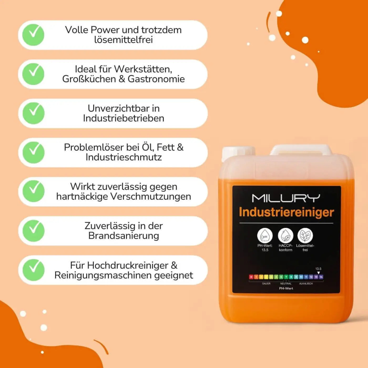 Orange plastikkanne mit schwarzem etikett milury industriereiniger konzentrat 5 liter für professionelle reinigung
