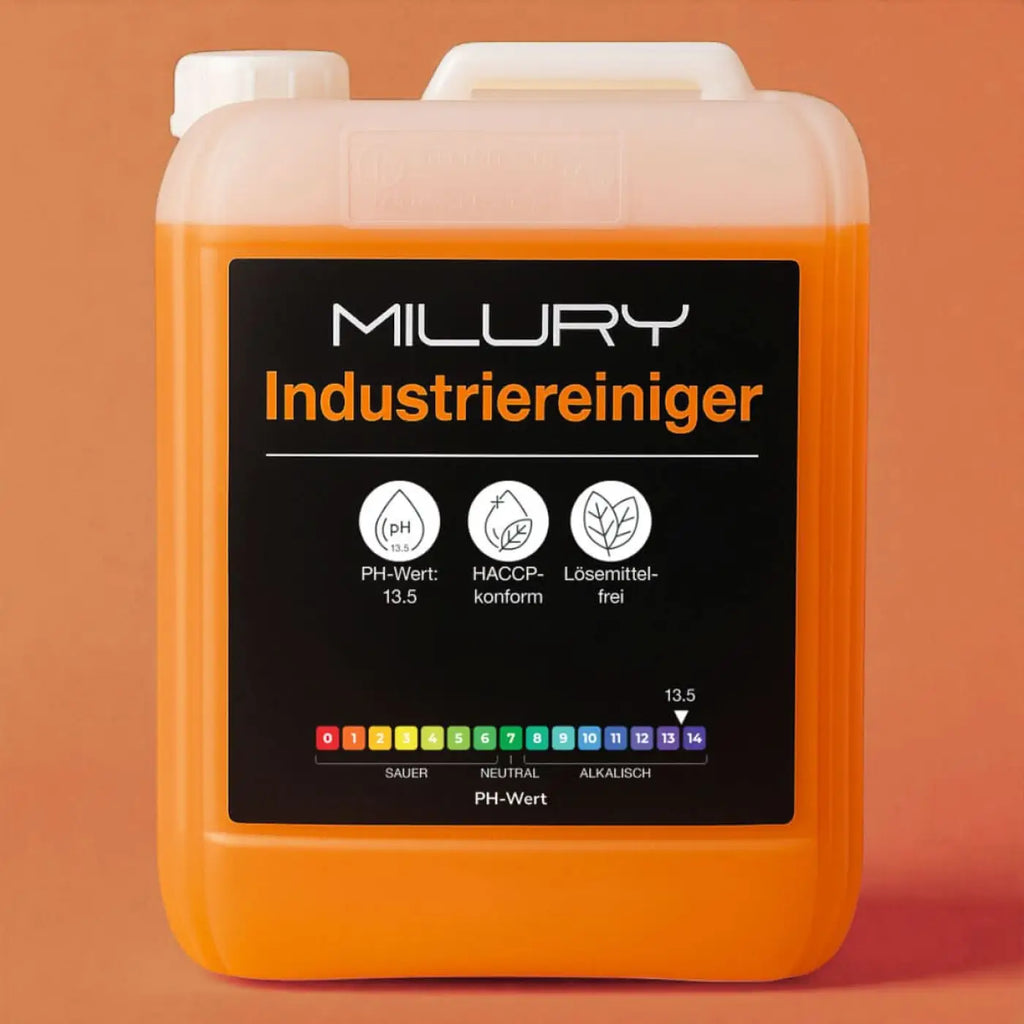 Orange flüssiger industriereiniger in durchsichtigem kunststoffkanister mit weißem griff milury industriereiniger konzentrat 5 liter