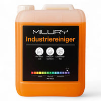 Orange kunststoffkanister mit milury industriereiniger ph 135 starke alkalische reinigung 5 liter haccp zertifiziert