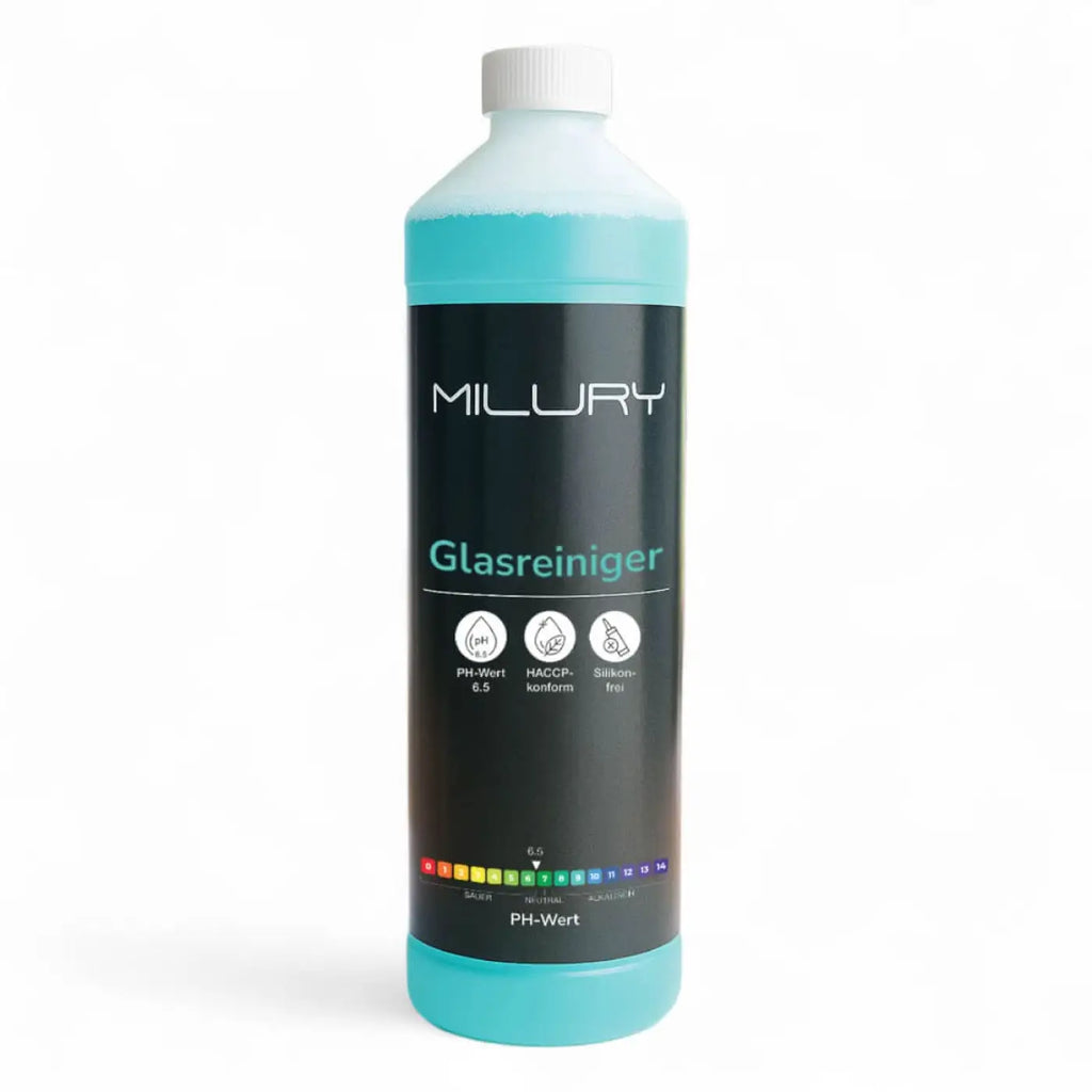Milury power trio reinigungsset mit glasreiniger in durchscheinender türkisfarbener plastikflasche mit weißem verschluss
