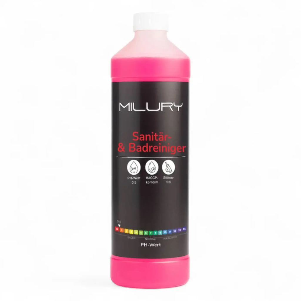 Flüssiger rosa milury sanitär- und badreiniger in schwarzer flasche mit weißem deckel aus dem milury power trio reinigungsset